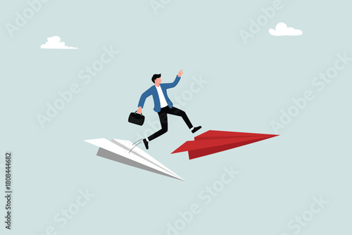 Change for the better, innovation to aid success or a career shift to a new path, alternative approach, or direction. Entrepreneurs jump from old paper airplanes to new ones.