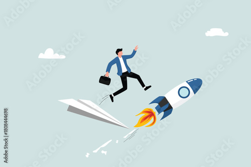 Switching to a better company, innovation for success or career change to a new path, concept of alternative ways or directions, entrepreneurs jump from old origami airplanes to growing rockets.