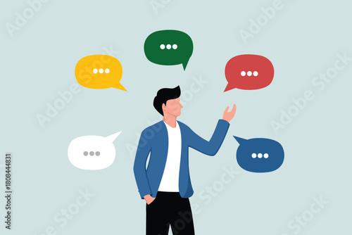 Verbal or oral communication skills, public speaking to explain or discuss, convey a message or speech concept, confident entrepreneurs speak with lots of speech bubbles.