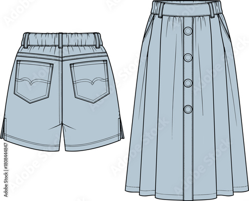 Button-front A-line midi skirt and elastic waist shorts, fashion flat set, front and back view, technical drawing, vector template for apparel design, CAD.
