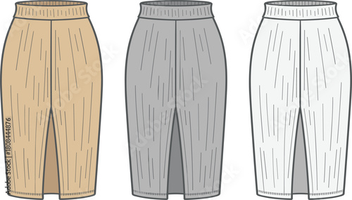 Technical fashion flat sketch template of women's ribbed pencil skirt with elastic waist and front slit detail, vector illustration