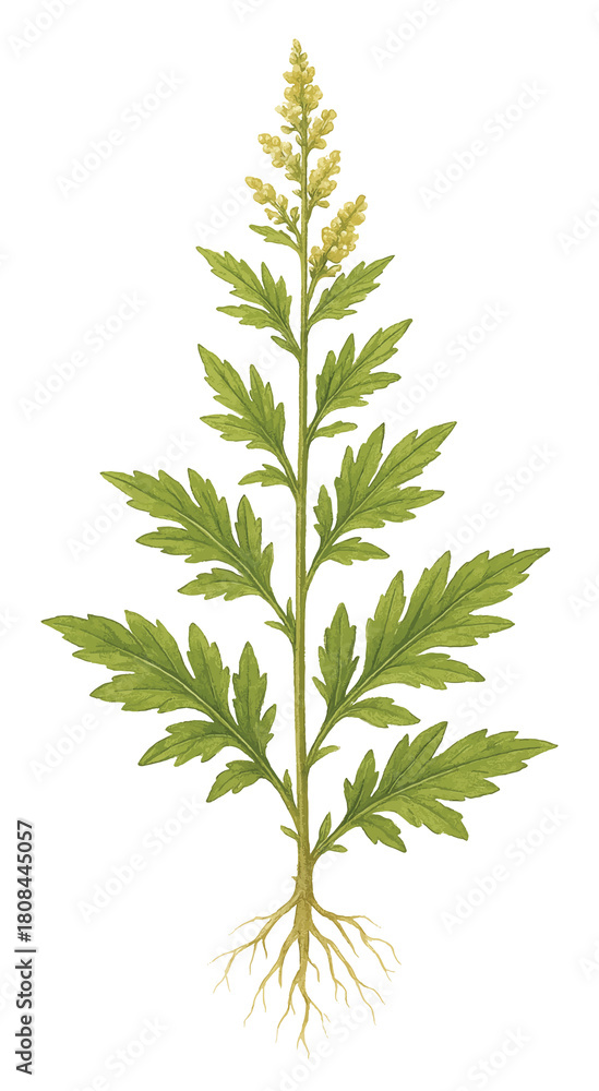Fototapeta premium Mugwort herb with flowers, isolated botanical illustration, watercolor style