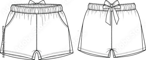 Casual shorts with elastic waist and back bow, technical fashion sketch, front and back view, cad drawing flat vector illustration.