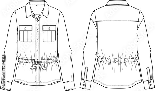 Drawstring waist shirt, long sleeve, patch pockets, fashion flat set, front and back view, technical drawing, vector template for apparel design, CAD.