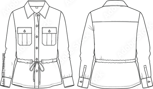 Drawstring waist shirt jacket, long sleeve, button-down, patch pockets, fashion flat set, front, back view, technical drawing vector template for apparel.