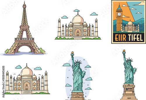 World Famous Landmarks Vector Set – Eiffel Tower, Taj Mahal, Statue of Liberty, Big Ben Poster