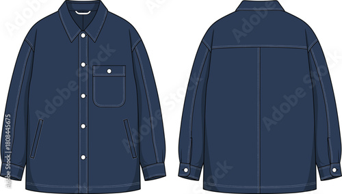Technical fashion flat sketch template of oversized denim worker jacket with contrast stitching, patch pockets, and pointed collar, vector