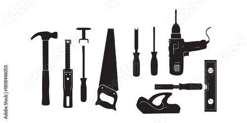 Black silhouette icons of essential hand and power tools on white background, Collection of black and white carpentry tools isolated on white background in a vector format., Black silhouette
