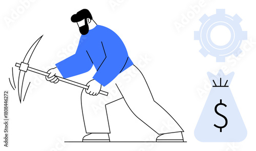 Worker using pickaxe in mining action, near a money bag with dollar symbol and a gear. Ideal for cryptocurrency, blockchain, mining, financial growth, digital economy, technology, business wealth