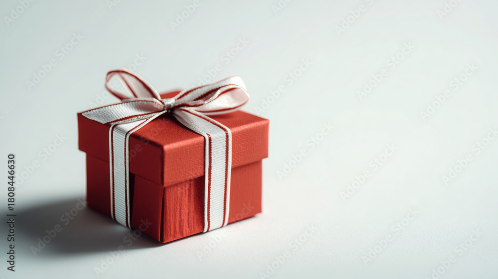 Fototapeta premium small red gift box with white ribbon sits elegantly on light background, symbolizing celebration and surprise