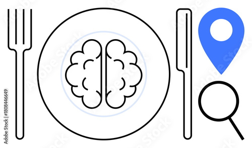 Brain on a plate with cutlery, map marker, magnifying glass highlights learning, exploration, analysis, mindfulness, decision-making, personal growth. Ideal for education mental health innovation