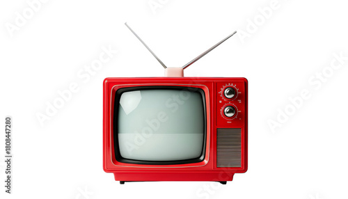Vibrant red vintage television with rabbit ear antennas and analogue controls, evokes nostalgia.