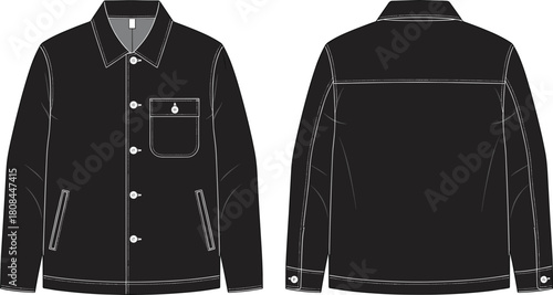 Technical fashion flat sketch template of men's trucker jacket with pointed collar, chest pocket, welt pockets, and button closure, vector