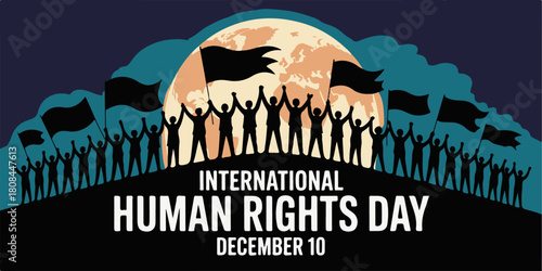 A powerful silhouette illustration of people united in protest, holding flags for freedom, equality, and fundamental human rights on a global scale