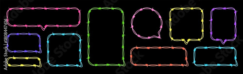 Stylized neon speech bubbles in various shapes crafted from colorful barbed wire against a black background, creating a striking visual display