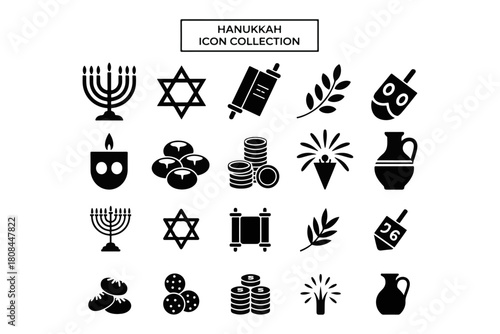 Illustrative collection of Hanukkah celebration symbols, Jewish holiday traditions, and festive religious icons for cultural designs and graphic resources