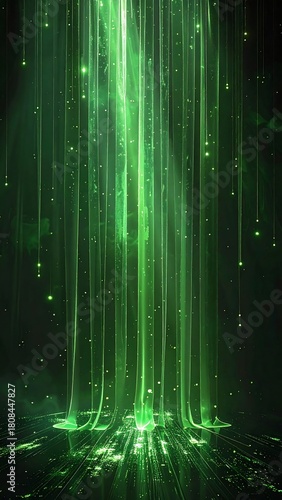 Vertical art piece showcasing glowing green light streams descending, casting an ethereal glow with sparkling particles on a dark background