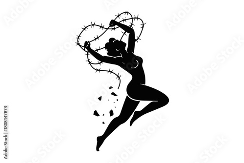 Dynamic silhouette of a resilient woman in motion, breaking free from the symbolic constraints of barbed wire, embodying profound liberation and inner strength against adversity