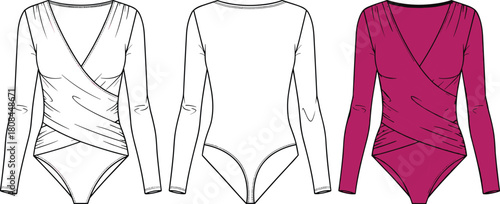 Long sleeve wrap bodysuit, criss-cross detail, thong back, fashion flat set, front, back, color mock-up, technical drawing, vector template, CAD.