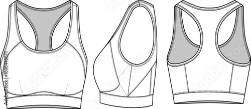 Technical fashion flat sketch template of medium support sports bra, front, side, and racerback view, activewear vector