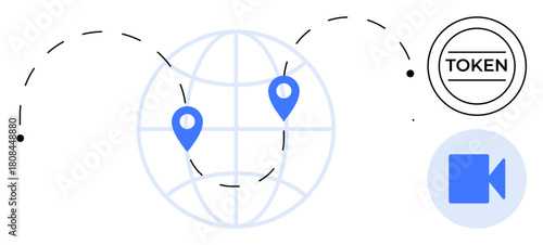 Globe with location markers, token, and video icon connected by dotted lines. Ideal for concepts thumbs up global network, cybersecurity, remote communication, blockchain, digital currency, video