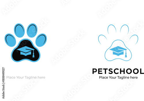 Pet School Logo Design with Dog Paw Print and Graduation Cap, Symbolizing Animal Education, Obedience Training, Veterinary Knowledge, and Pet Care Academy Vector.