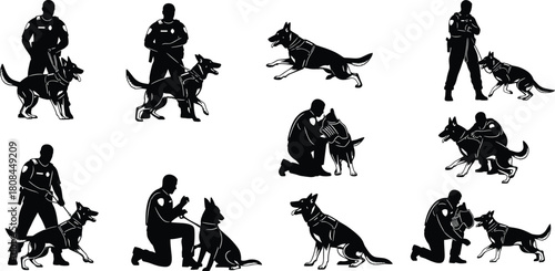 Police K-9 Dog and Officer Training Silhouettes: Showing Partnership, Loyalty, Service, Patrol, Protection, and Law Enforcement Teamwork Vector Icons Set.