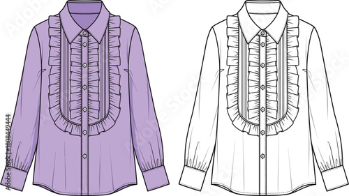 Technical fashion flat sketch template of women's button-up shirt with front ruffle bib detail, button placket, and collar, vector