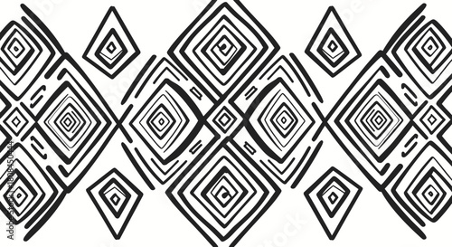 Black and white abstract geometric pattern featuring diamond and square shapes with spiral designs.