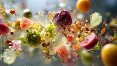 Fototapeta Naklejka Na Ścianę i Meble -  Vibrant Explosion of Colorful Fruits and Vegetables in Mid-Air, Abstract Composition.