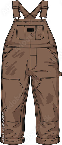Technical fashion flat sketch template of men's workwear bib overalls with adjustable straps, multiple pockets, and utility details, vector