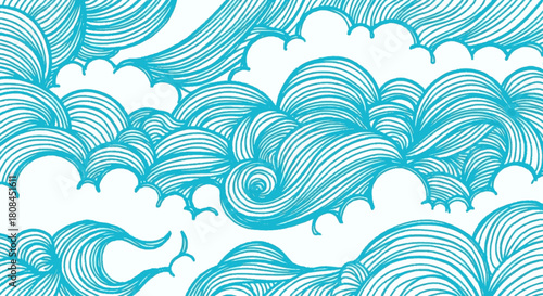 Abstract illustration featuring swirling blue lines resembling stylized clouds and waves against white.