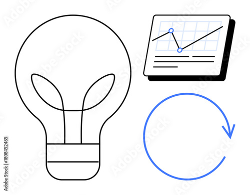 Lightbulb symbolizing innovation, graph suggesting data analysis, circular arrow indicating iteration. Ideal for creativity, strategy, process, growth, business, brainstorming simple flat metaphor