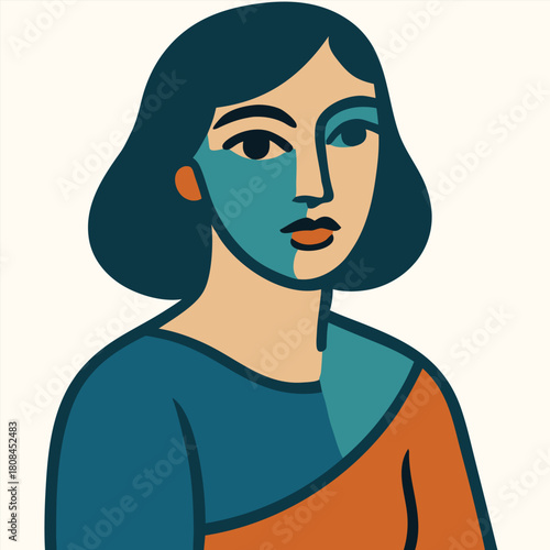 Stylized female portrait built from bold geometric, color‑block shapes in a modern cubist spirit. Clean flat vector
