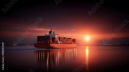 Container Ship Sailing at Sunset