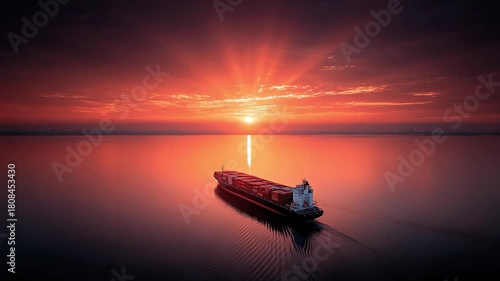 Container Ship Sailing in the Ocean at Glorious Sunset