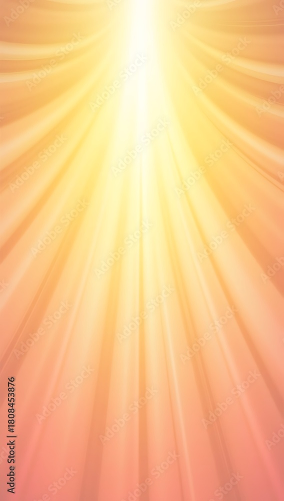 Obraz premium Radiating beams inspired by morning sunlight, with soft gradients of peach, yellow, pink, and coral. Subtle grain texture adds warmth. Lines curve gently outward from a central glow, 