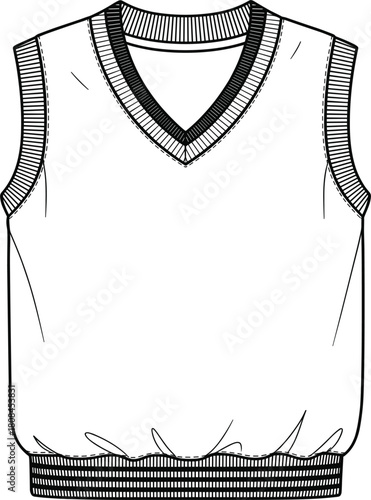 Technical fashion flat sketch template of classic V-neck sweater vest with striped ribbed trim on neck and hem, vector
