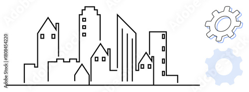Linear city skyline with buildings and adjacent mechanical gears. Ideal for urban planning, innovation, teamwork, progress, construction, engineering, and collaboration. Simple flat metaphor