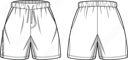Technical fashion flat sketch template of basic elastic waist shorts for men or women, with drawstring, pockets, and stitching details
