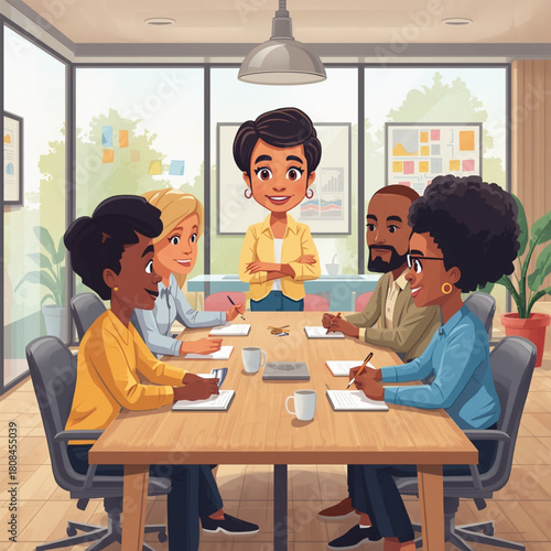 cartoon animation of a meeting in a room