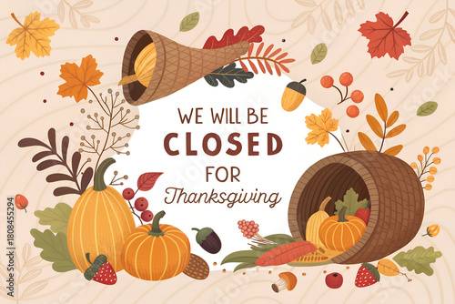 Thanksgiving Closed Sign with Pumpkins and Fall Wreath Illustration