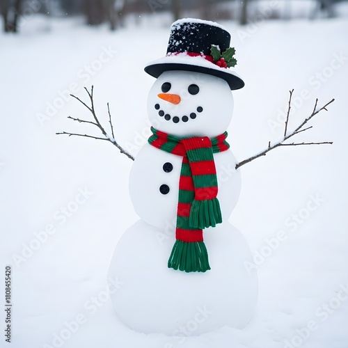 Cute Snowman in Snowy Winter Scene for Christmas Holiday Background
