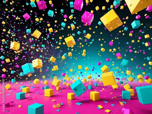 An abstract cosmic scene where confetti becomes digital 3D pixels floating in zero gravity