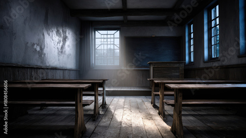 Wallpaper Mural Abandoned Classroom in a Haunted School with Dim Lighting and Dusty Wooden Desks Torontodigital.ca