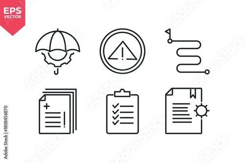 Set of line icons related to risk management, attention, route, medical report, compliance, insurance policy. Editable stroke. Vector illustration