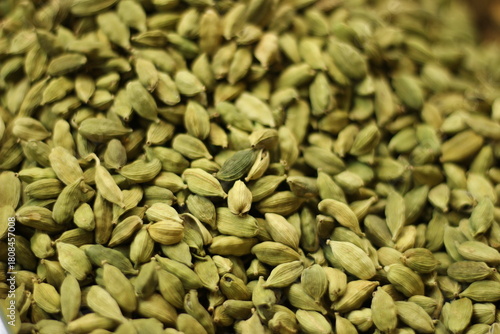 Green cardamom pods texture background showing whole elaichi spice seeds natural pattern closeup