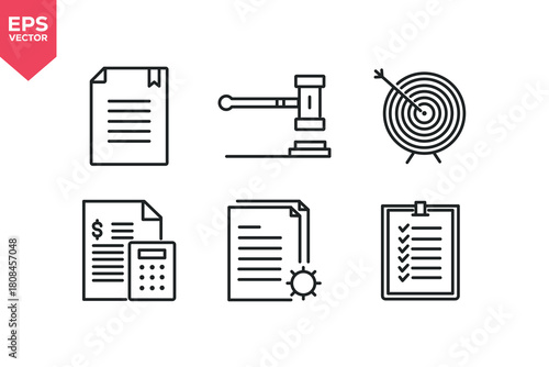 Set of line icons related to policy, adjudication, target, budget, compliance, system documentation.  Editable stroke. Vector illustration
