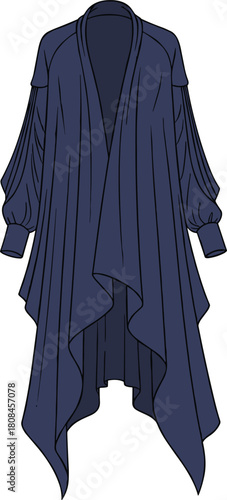 Navy blue draped cardigan technical fashion sketch, asymmetrical hem and bishop sleeves, outerwear design, cad drawing flat vector illustration