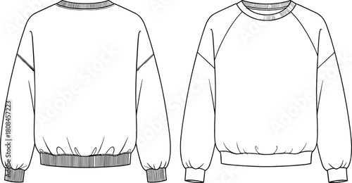 Oversized sweatshirt technical flat sketch with raglan sleeves and ribbed cuffs. Fashion CAD vector illustration, apparel mockup template.